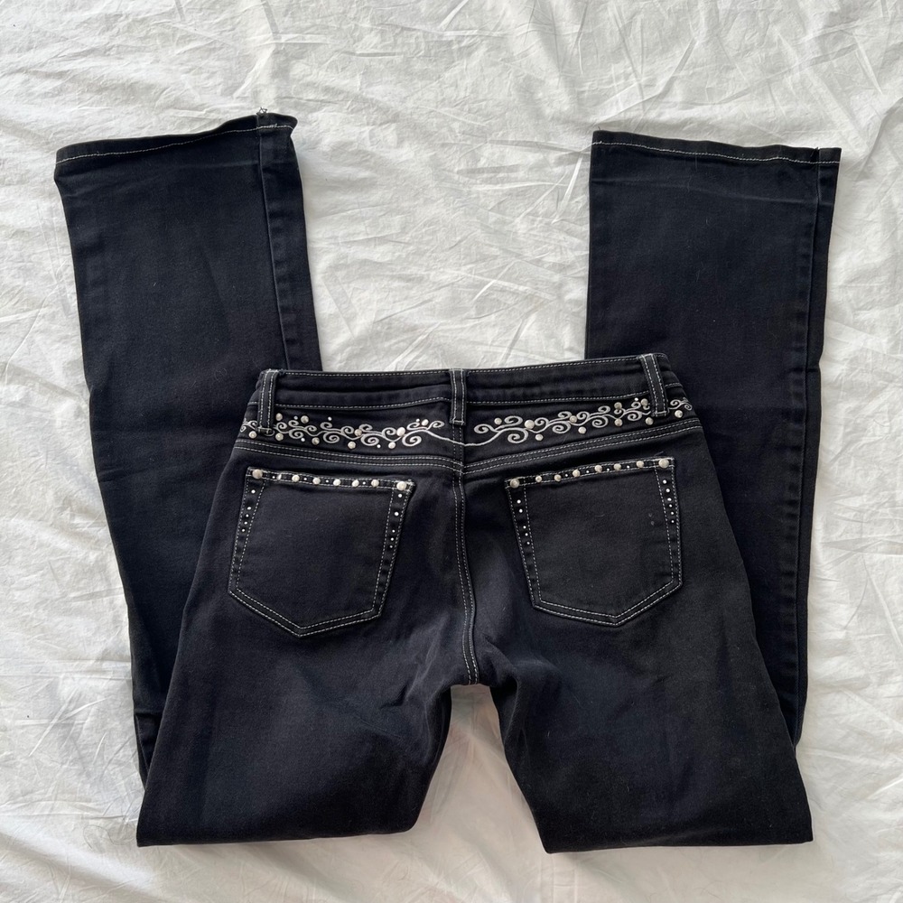 vintage y2k tramp stamp embroidered flare jeans with studs